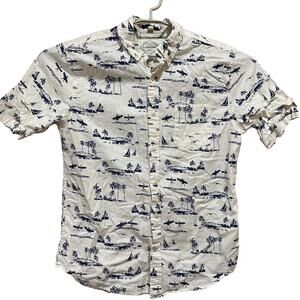 St Johns Bay Shirt Men Size M Off White Blue Tropical 100% Cotton Hawaiian
